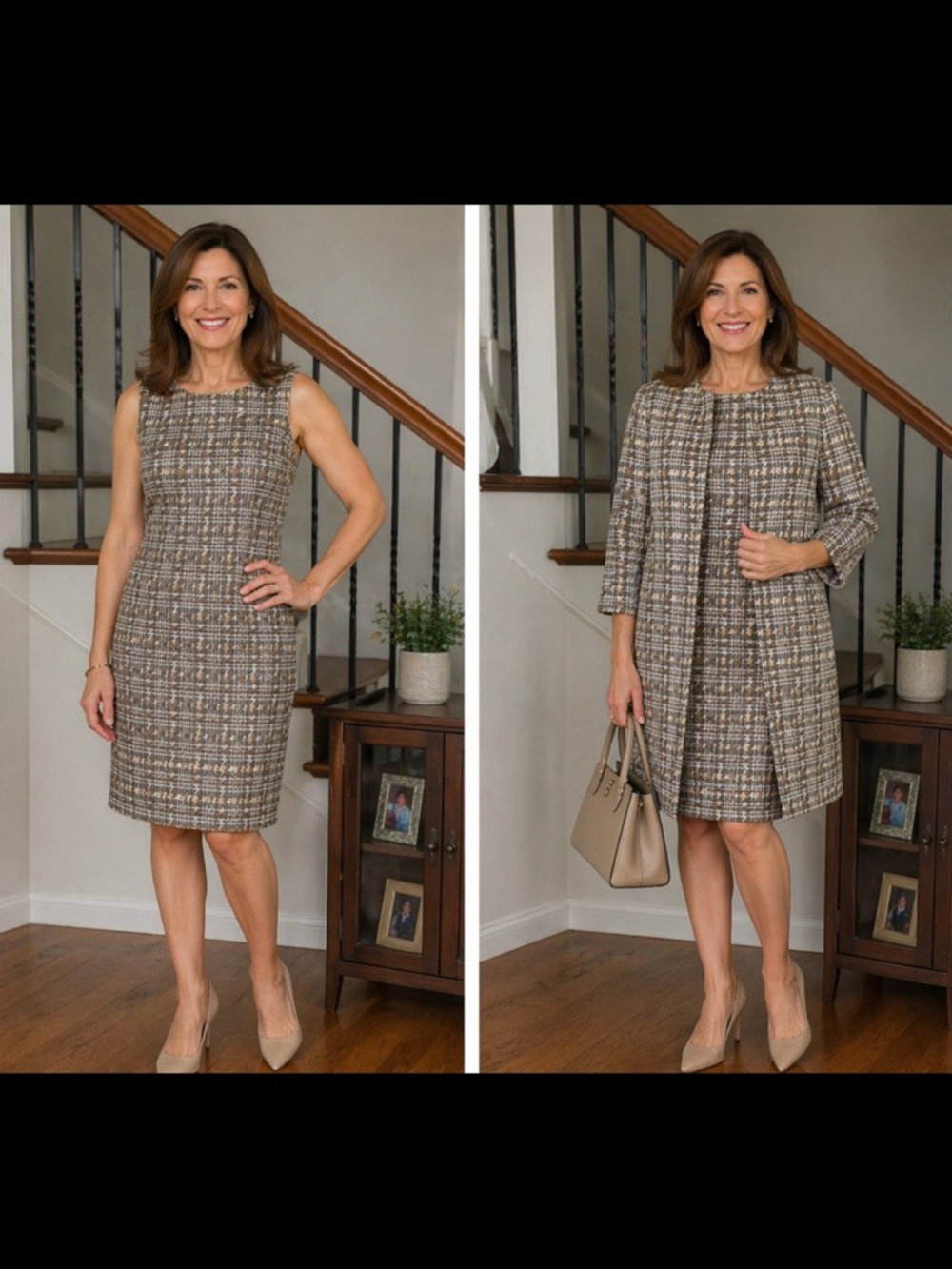 Albert Nipon Brown Plaid Cape Coat and dress set